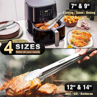 Tongs For Cooking - Heat Resistant 600 Degrees Metal Kitchen Tongs, Heavy Duty Stainless Steel Tongs - Perfect for Food, BBQ Set of 4, 7-9-12 &amp;14 inch Grey