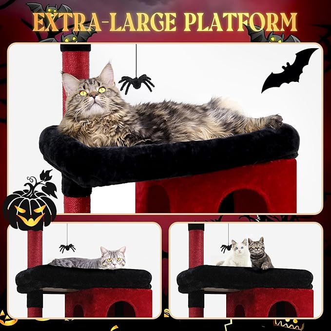 Globlazer Heavy Duty Gothic Cat Tree, 72in Large Cat Tower with Coffin Bed, Sturdy Maine Coon Cat Tree for Large Cats 20 lbs+, Medieval Castle Style with 6 Scratching Posts &amp; Hammock, S72, Black &amp; Red