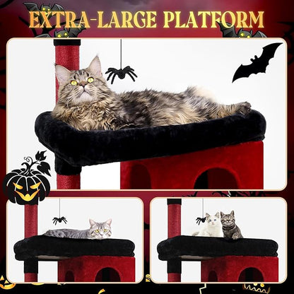 Globlazer Heavy Duty Gothic Cat Tree, 72in Large Cat Tower with Coffin Bed, Sturdy Maine Coon Cat Tree for Large Cats 20 lbs+, Medieval Castle Style with 6 Scratching Posts &amp; Hammock, S72, Black &amp; Red