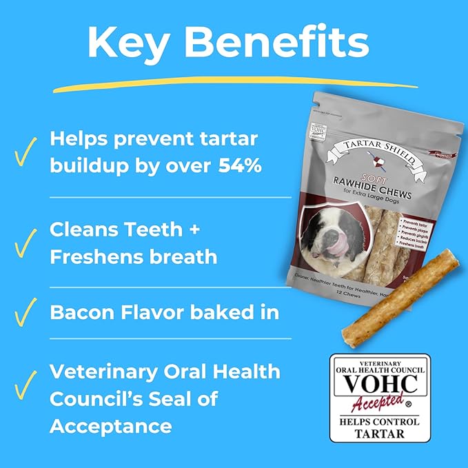 Tartar Shield Soft Rawhide Chews | Safe Dental Treats for Large Dogs | Vet VOHC Approved | Daily Bone Cleans Teeth &amp; Gums Fresh Breath Oral Health Support | USA Made | (XL Dogs / 12 Count)