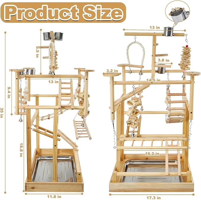 Bird Playground - Natural Wood Parrot Playstand with Perches, Bird Play Gym &amp; Accessories, Removable Tray &amp; 4 Stainless Steel Cups