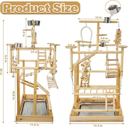 Bird Playground - Natural Wood Parrot Playstand with Perches, Bird Play Gym &amp; Accessories, Removable Tray &amp; 4 Stainless Steel Cups