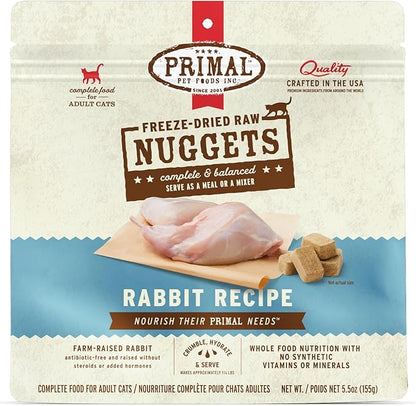 Primal Freeze Dried Raw Cat Food Nuggets Rabbit, Complete &amp; Balanced Meal or Topper, Premium, Healthy, Grain Free, High Protein Raw Cat Food with Probiotics (5.5 oz)