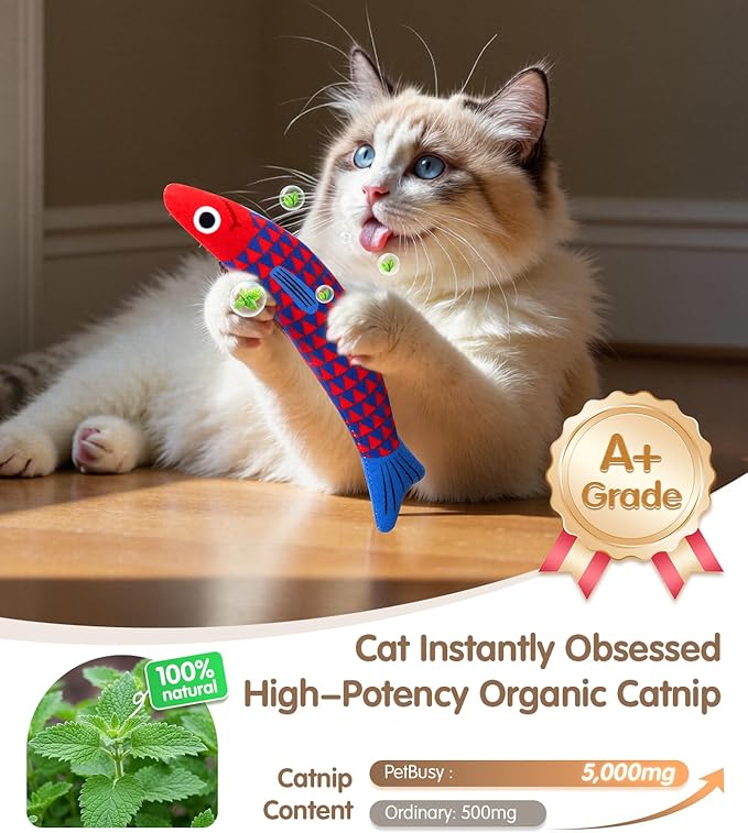 Interactive Cat Toys with[5000mg Premium A+Catnip][Baby Grade] Soft Chew Kicker Cat Toys for Indoor Cats &amp; Kittens, Crinkle &amp;Rattle Fish Sound Toy, Drives Bored Cats Crazy with Fun,3 Pack