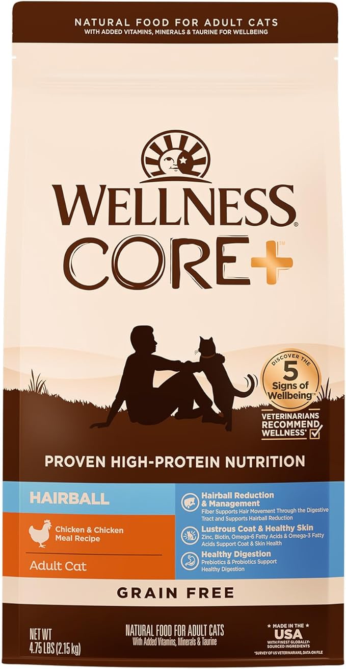Wellness CORE+ Hairball Adult Dry Cat Food for Indoor &amp; Outdoor Cats, Grain Free, Natural, Chicken and Chicken Meal (4.75 Pound Bag)