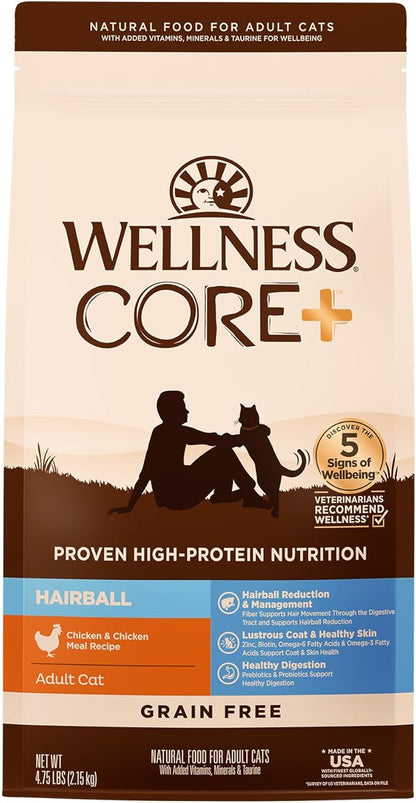 Wellness CORE+ Hairball Adult Dry Cat Food for Indoor &amp; Outdoor Cats, Grain Free, Natural, Chicken and Chicken Meal (4.75 Pound Bag)
