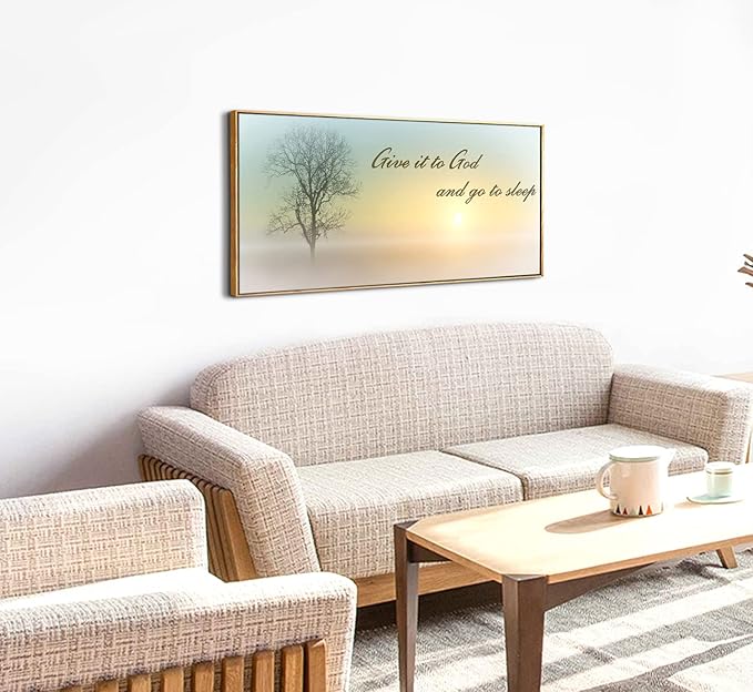 Lasdel Natural Extra Framed Canvas Wall Art of Misty Sunset &amp; Tree Plant Picture For Bedroom Home Above Bed,White Country Wood Sign For Bathroom,Give It To God &amp; Go to Sleep Artwork Decor,30x60
