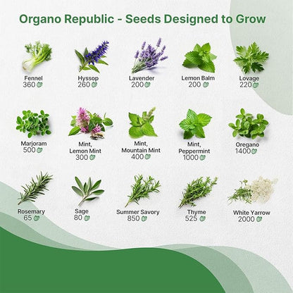 Organo Republic 30 Medicinal &amp; Tea Herb Seeds Variety Pack 15,560+ Non-GMO Heirloom Garden Seeds for Indoor &amp; Outdoors, Including Anise, Bergamot, Borage, Cilantro, Chamomile, Dandelion Seeds