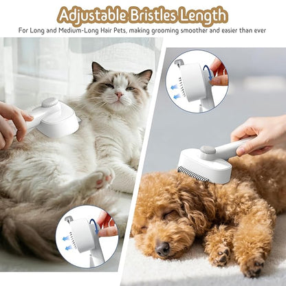 Self Cleaning Slicker Brush, 2-in-1 Cat Brush for Shedding, Skin Friendly Grooming Tool for Long &amp; Medium-Long Hair Pets, Adjustable Bristle Length with Dematting Comb for Cats, Dogs