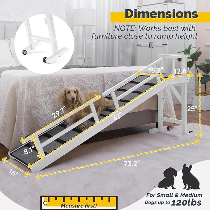 Dog Ramp for Bed or Couch, Wooden Pet Ramp with 20° Gentle Slope, Removable Side Rails, Non-Slip Surface, Top Platform &amp; Wheels, Safe Bed Ramp for Small, Medium &amp; Senior Dogs, 74" Long, White