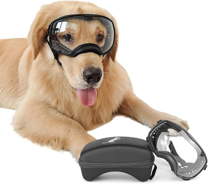 NAMSAN Clear Dog Goggles for Large Dogs, Wide Eyecup &amp; Soft Frame, Anti-UV Sunglasses for Dogs Medium to Large Breed, Driving Dog Eye Protection, Windproof Dustproof, Adjustable, Black Frame