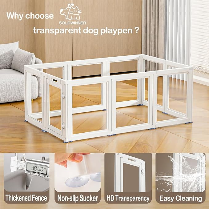 Clear Acrylic Dog Playpen Transparent Dog Playpen Indoor, Easy Assemble Clear Pet Pen for Puppy Bunny Cat Pig, Sturdy &amp; Easy Cleaning Plastic Dog Puppy Fence (30" H, 10PCS)