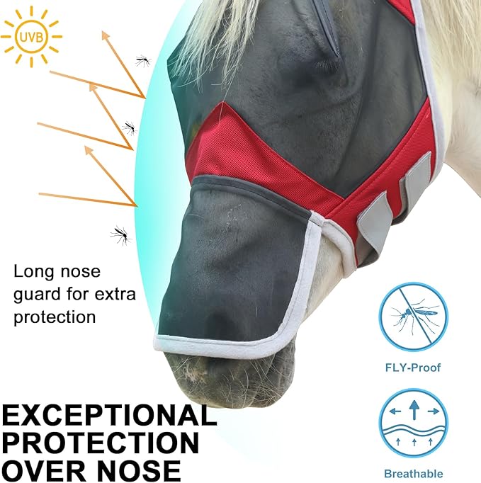 Horse Fly Mask with Ears &amp; Long Nose Cover | Forelock Opening for Tangle-Free Mane Care | UV Protection &amp; Breathable Mesh | No Rub Fit and Enhanced Visbility for Trail Riding Red Full