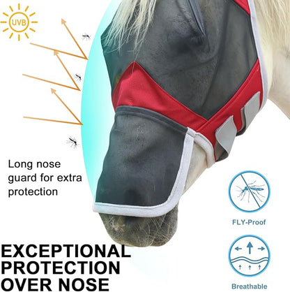 Horse Fly Mask with Ears &amp; Long Nose Cover | Forelock Opening for Tangle-Free Mane Care | UV Protection &amp; Breathable Mesh | No Rub Fit and Enhanced Visbility for Trail Riding Red Full