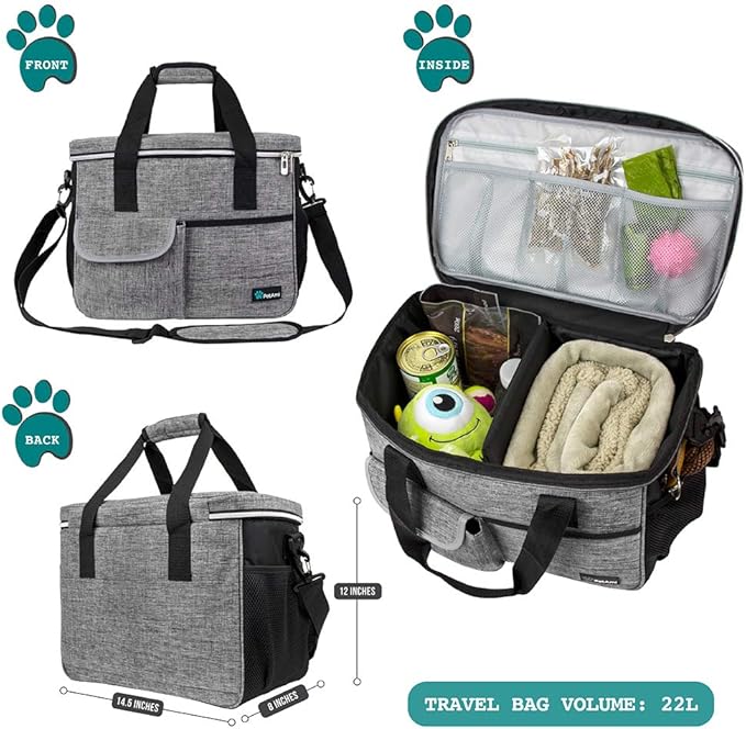PetAmi Dog Travel Bag - Organizer with Food Container, Bowls &amp; Accessories for Weekend Camping, Cat Diaper Bag (Grey, Medium)