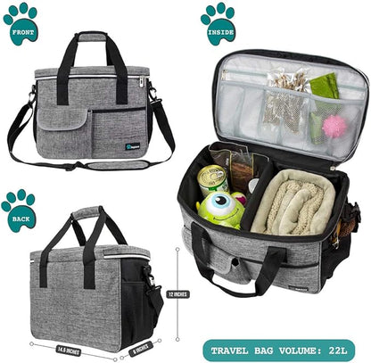 PetAmi Dog Travel Bag - Organizer with Food Container, Bowls &amp; Accessories for Weekend Camping, Cat Diaper Bag (Grey, Medium)