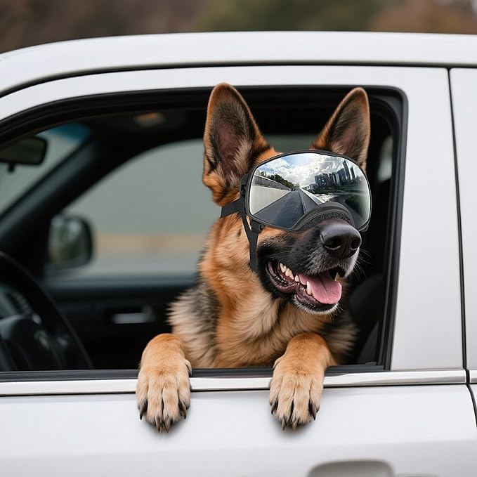 NAMSAN Dog Goggles for Large Dogs, Wide Eyecup &amp; Soft Frame, Anti-UV Sunglasses for Dogs Medium to Large Breed, Driving Dog Eye Protection, Windproof Dustproof, Adjustable, Reflect Silver Lens
