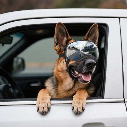 NAMSAN Dog Goggles for Large Dogs, Wide Eyecup &amp; Soft Frame, Anti-UV Sunglasses for Dogs Medium to Large Breed, Driving Dog Eye Protection, Windproof Dustproof, Adjustable, Reflect Silver Lens