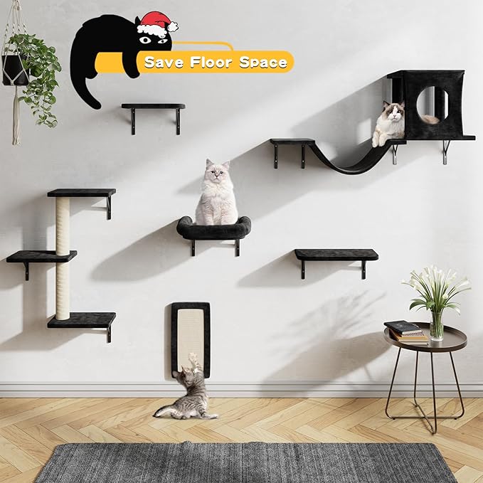 NUNU LAB Wall Mounted Cat Furniture, 6 Pcs Cat Wall Shelves with Condo House, Bridge, Steps, Scratcher, Hammock, Indoor Safe &amp; Stable Furniture for Kittens Play, Black