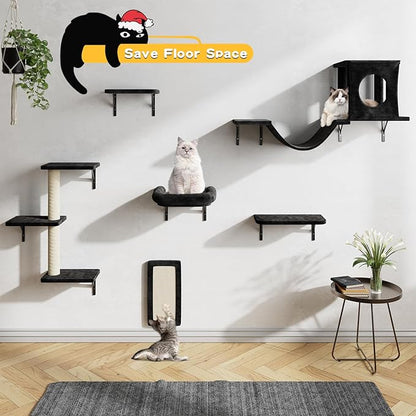 NUNU LAB Wall Mounted Cat Furniture, 6 Pcs Cat Wall Shelves with Condo House, Bridge, Steps, Scratcher, Hammock, Indoor Safe &amp; Stable Furniture for Kittens Play, Black