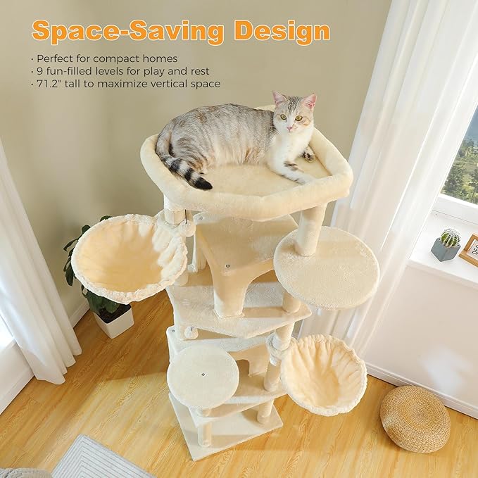 71.2" Tall Cat Tree for Indoor Cats - 9-Level Multi-Cat Tower w/5 Sisal Scratching Posts, 2 Condos, 3 Hammocks, Perch &amp; Pom Poms - Heavy-Duty for Adult Cats, Space-Saving Plush Beige