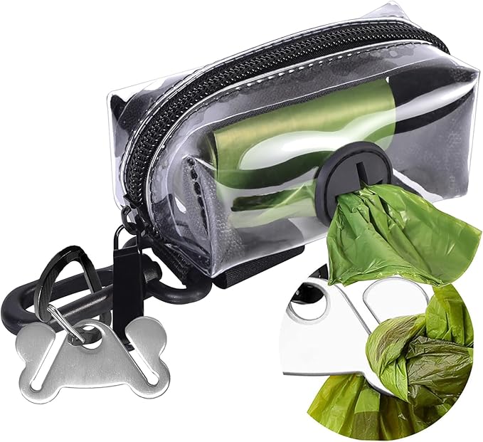 Clear Metal Dog Waste Bag Dispenser &amp; Holder - Portable, 1 Hand Free, Fits Leash Accessory, Set Includes Dog Poop Bags