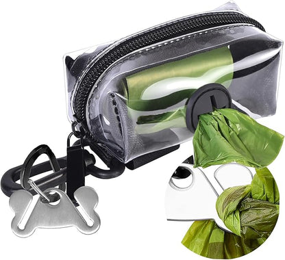 Clear Metal Dog Waste Bag Dispenser &amp; Holder - Portable, 1 Hand Free, Fits Leash Accessory, Set Includes Dog Poop Bags