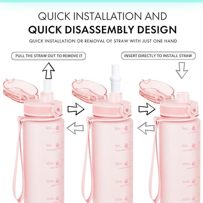 32oz Motivational Water Bottles with Time Marker &amp; Fruit Strainer, Transparent Gradient Color Water Bottle with Times to Drink, Leakproof &amp; BPA Free, Reusable Bottle with Strap (No Straw)