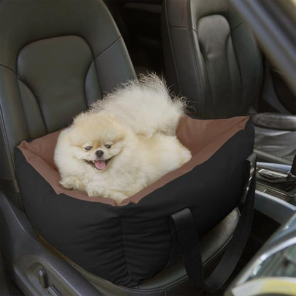Dog Car Seat for Small Dogs, Large Leather Dog Car Bed with Storage Pocket, Waterproof PVC Leather Booster Seat Travel Bed for Front &amp; Back Seat, Clip-On Safety Leash (Black/Brown)