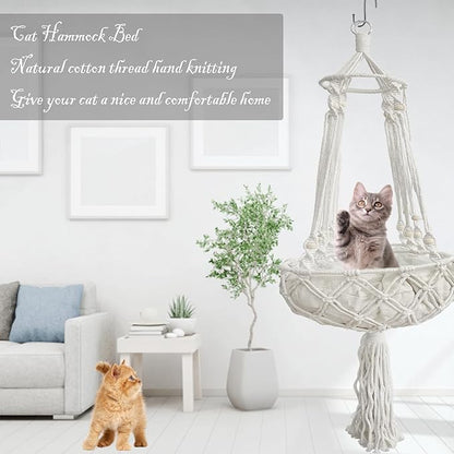 kathson Macrame Cat Hammock with Cushion,Handwoven Cats Bed,Hanging Indoor Boho Kitten Swing Beds for Playing Sleeping Climbing and Lounging(XL)