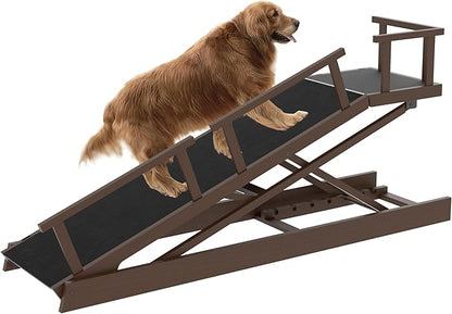 6 Level Height Adjustable Dog Ramp for Bed, Couch 65" Foldable Pet Ramp with Non-Slip Mat，DIY Glow Strips &amp; Rest Platform Heavy Duty Dog Stairs for Large Dogs up to 200Lbs ，Brown