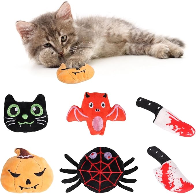 LOMIMOS 6Pcs Halloween Catnip Toys,Cat Toys Chew Bite Plush Toy with Crinkle Paper Kitten Pumpkin Spider Bat Knife for Indoor Interactive Play &amp; Exercise