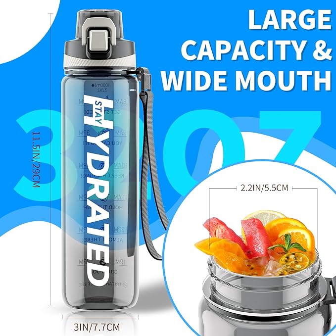 Water Bottle, 32 oz Motivational Water Bottles with Time Marker-Tritan &amp; BPA Free, Sports Water Bottle with Time to Drink &amp; Strap, Wide Mouth, Leakproof -Gift for Christmas Gym Fitness &amp; Outdoor