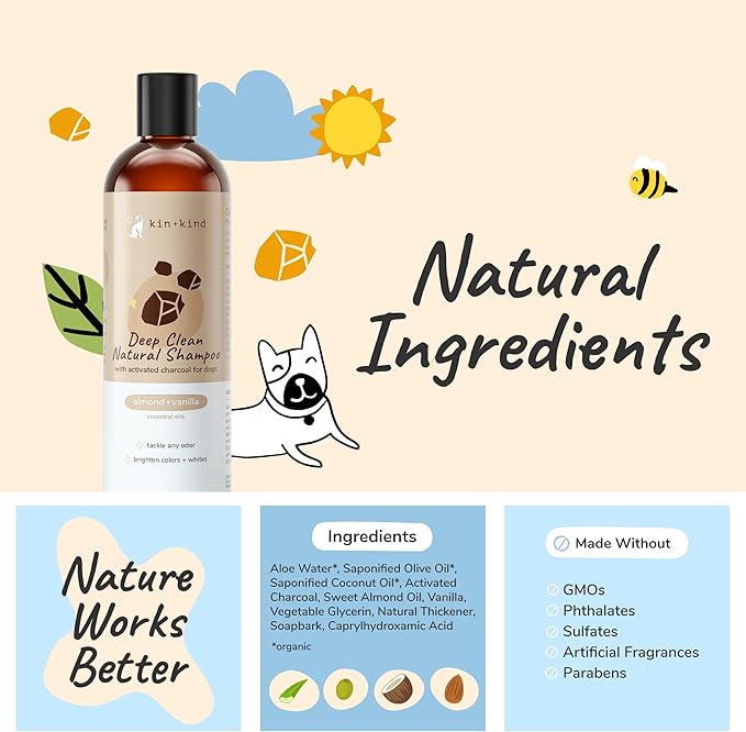 kin+kind Dog Shampoo - Deep Clean, Dirt &amp; Odor Remover w/Activated Charcoal for Dogs, Gentle Formula w/Natural Aloe, Olive Oil &amp; Coconut Oil, Pet Care &amp; Grooming Products, Almond &amp; Vanilla, 12 fl oz