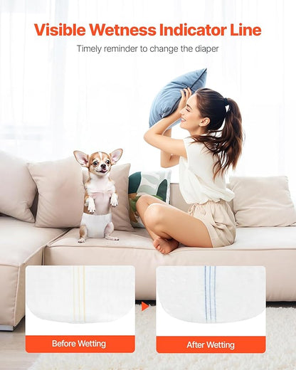 VEVOR Disposable Dog Diapers, Super Absorbent Female Dog Diapers, 360° Leak-Proof Female Doggy Pet Diaper with Wetness Indicator for Heat Period, Training, Incontinence - M, 96 Count (2 Packs of 48)