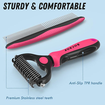 Pet Grooming Brush &amp; Comb Combo, Cat &amp; Dog Brush for Shedding &amp; Dematting, Undercoat Rake for Long-haired Pets, Pink