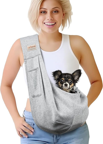 Pet Dog Sling Carrier for 3-10 lbs pet,Dog Purse Pouch,Dog Satchel,Reversible unadjustable Strap Travel Hand-Free Safe Bag Small Puppy Backpack (Grey)
