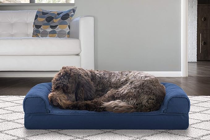 Furhaven Cooling Gel Dog Bed for Medium/Small Dogs w/ Removable Bolsters &amp; Washable Cover, For Dogs Up to 35 lbs - Quilted Sofa - Navy (Blue), Medium