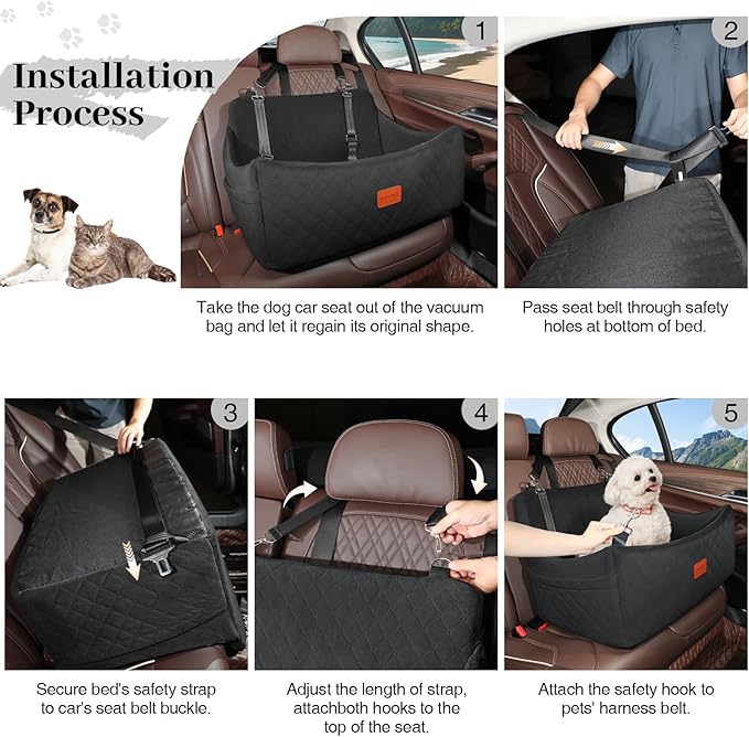 Dog Car Seat for Medium &amp; Large Dogs Up to 55lbs, Memory Foam Cushion, Washable Cover, Safety Straps &amp; Non-Slip Bottom(Black,Large)