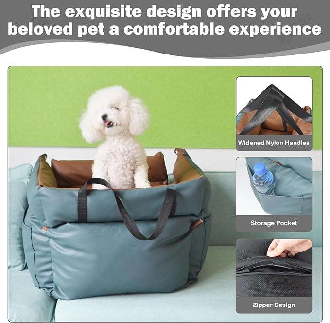 Dog Car Seat for Small Dogs, Large Leather Dog Car Bed with Storage Pocket, Waterproof PVC Leather Booster Seat Travel Bed for Front &amp; Back Seat, Clip-On Safety Leash (Blue/Brown)