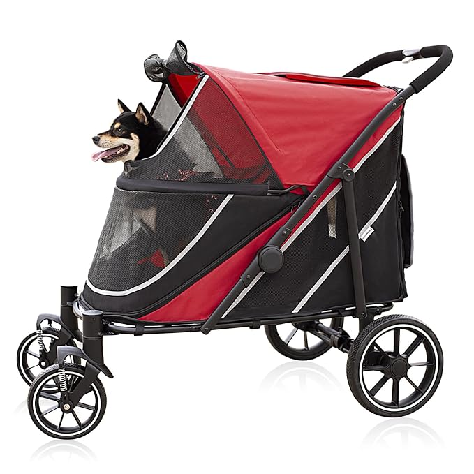 Dog Stroller for Medium/Large Dogs One-Click Folding, Extra Large Pet Stroller for 2 Dogs with Storage Pocket &amp; Shock Absorption, Up to 130 lbs, Red
