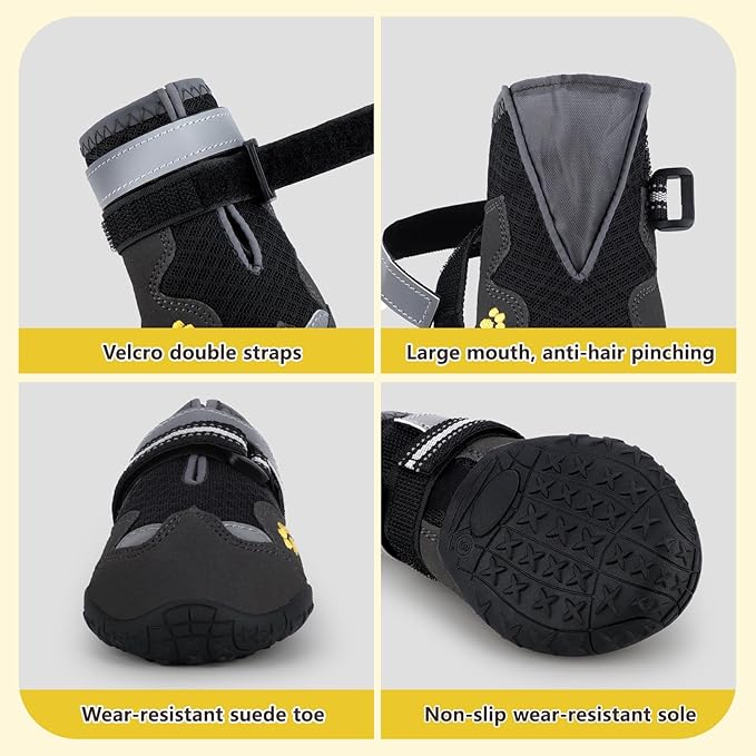 Dog Shoes, FISHOAKY Dog Shoes for Large Dogs, Mesh Breathable Dog Boots &amp; Paw Protectors for Summer Hot Pavement Winter Snowy, 360°Anti Slip 4Pcs Dog Booties with Reflective Black (Size 8)
