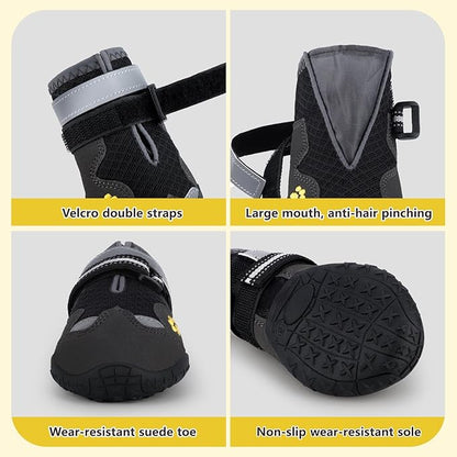 Dog Shoes, FISHOAKY Dog Shoes for Large Dogs, Mesh Breathable Dog Boots &amp; Paw Protectors for Summer Hot Pavement Winter Snowy, 360°Anti Slip 4Pcs Dog Booties with Reflective Black (Size 8)