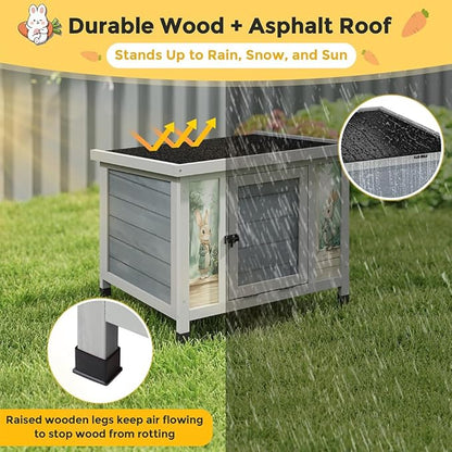 COZIWOW 24in Wooden Cat House Outdoor &amp; Indoor Pet Shelter with Foldable Ramp - Weatherproof Rabbit Hutch with Unique Machine-Printed Art Designs for Cat, Rabbit, Guinea Pig (Grey)