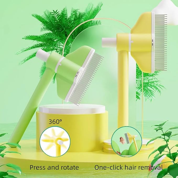 360° Press and Rotate Flea Comb for Cats and Dogs - Self-Cleaning Pet Hair Removal Tool with Release Button &amp; Long-Short Stainless Steel Teeth for Shedding (Green)