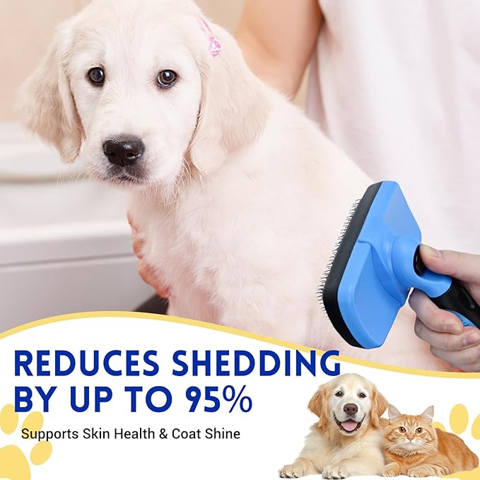 Large Self Cleaning Deshedding Brush for Dogs &amp; Cats - One Button Hair Release Grooming Tool, Gentle Massage Brush for Long and Short Hair (Blue)