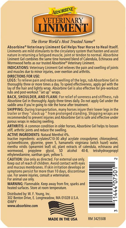 Absorbine Veterinary Liniment Gel, Topical Menthol Analgesic Rub for Sore Muscle, Joint &amp; Arthritis Pain Relief, Combo Pack Includes 12oz Value Size + 3oz Travel Size