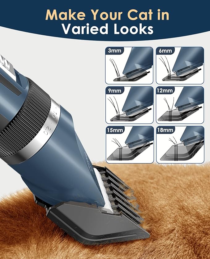 oneisall Quiet Cat Clippers for Matted &amp; Long Hair, 2-Speed Cordless Pet Shaver Grooming Kit for Cats, Small Dogs &amp; Animals (Blue)