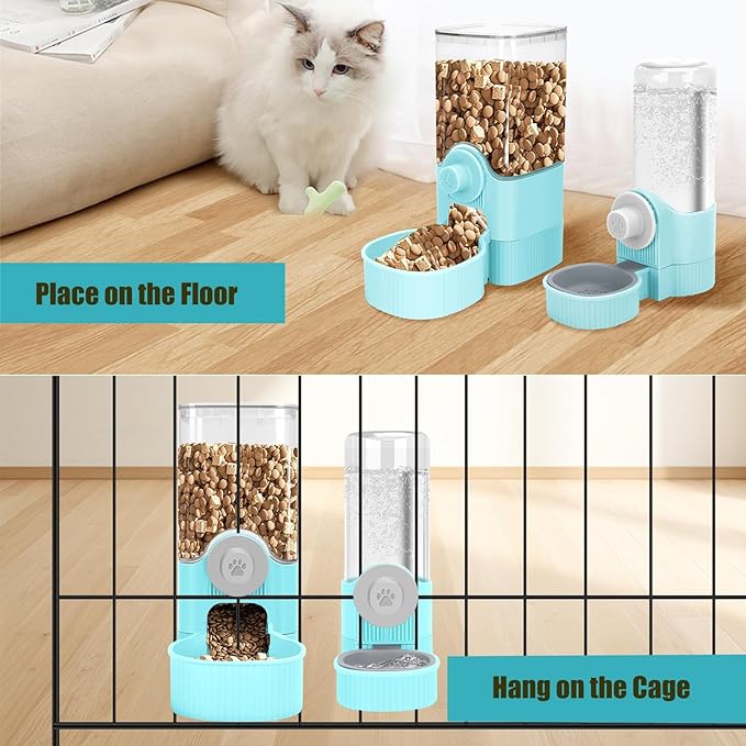 GPY Automatic Hanging Gravity Pet Feeder and Water Dispenser Set ，Automatic Dog Feeder and Dog Water Dispenser for Dogs Cats Pets Animals Large Capacity (Blue Water Feeder&amp;Food Feeder) (Blue)