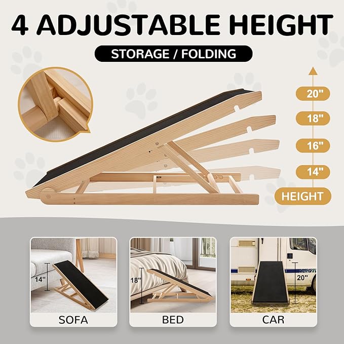 ABORON Dog Ramp,Adjustable Folding Pet Ramp for Bed,Couch,SUV - High Traction Portable Rubber Paw Ramps,Great for Small &amp; Large Old Dogs &amp; Cats, Supports up to 200 lbs